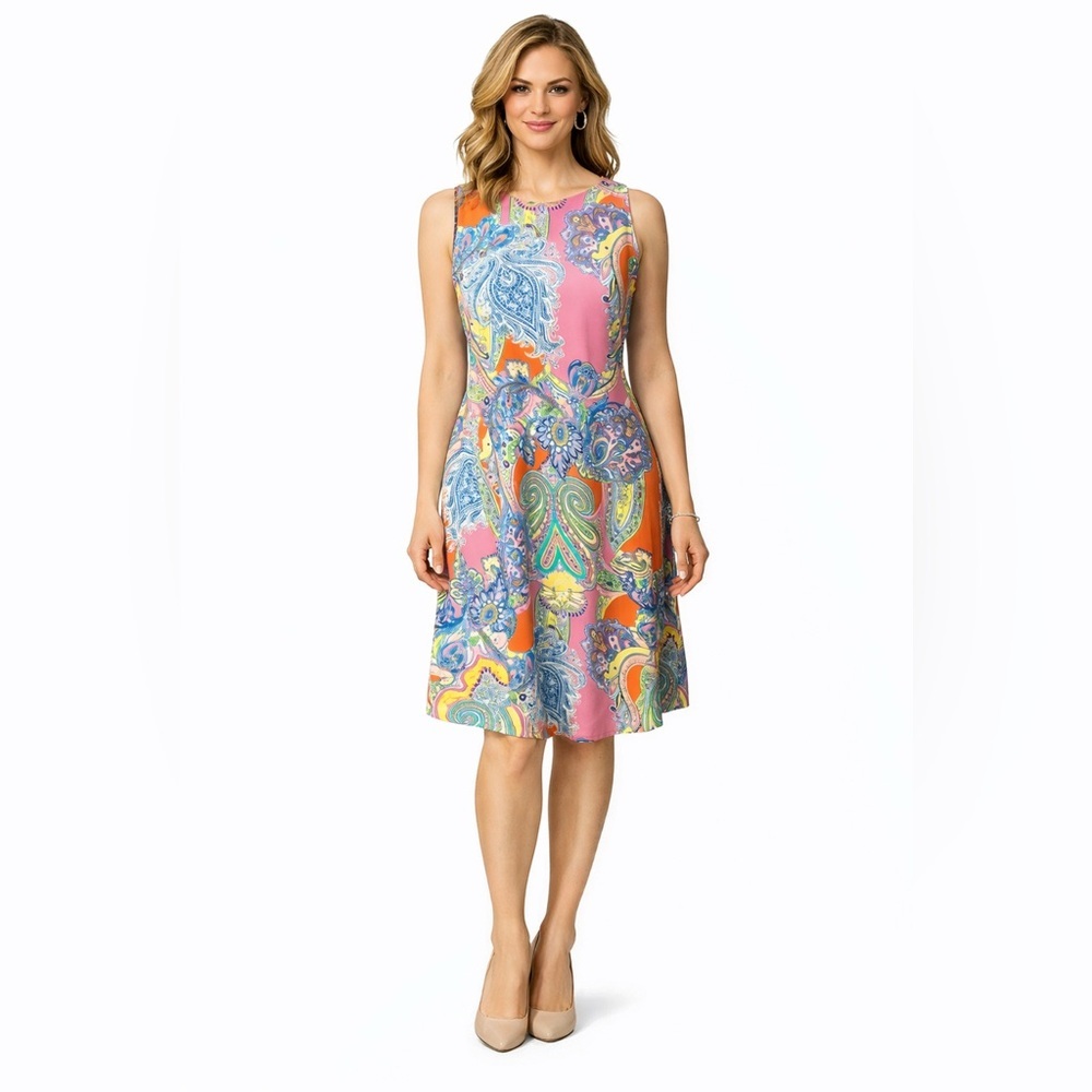 Ralph Lauren Dress Pink Blue Yellow PL 12 14 Petite  Large Stretch Paisley NEW